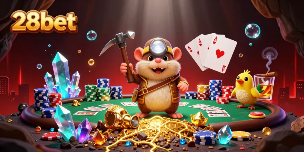 Engage in thrilling action at 28bet with a vibrant illustration of a treasure hunter mole and poker chips.