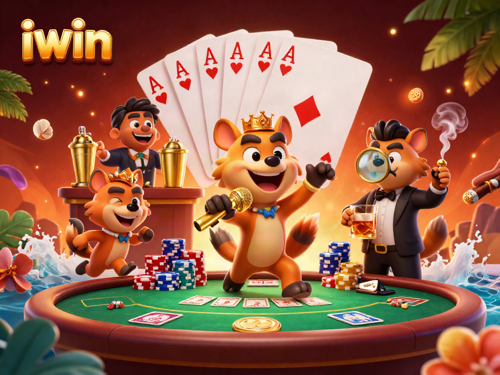 iwin gaming scene with hyenas in a lively comedy casino club atmosphere.