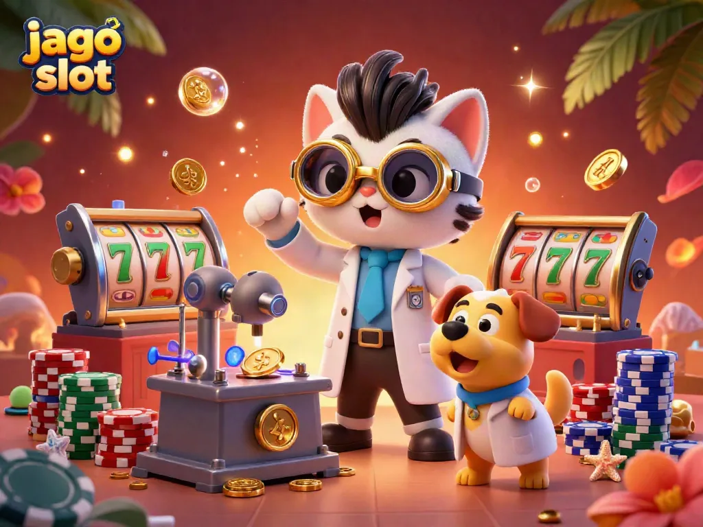 Menariknya permainan jago slot dengan kucing ilmuwan gila dan anjing asisten dikelilingi mesin dan simbol jackpot.