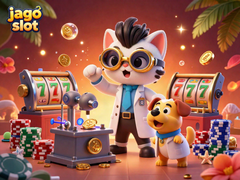 Menariknya permainan jago slot dengan kucing ilmuwan gila dan anjing asisten dikelilingi mesin dan simbol jackpot.