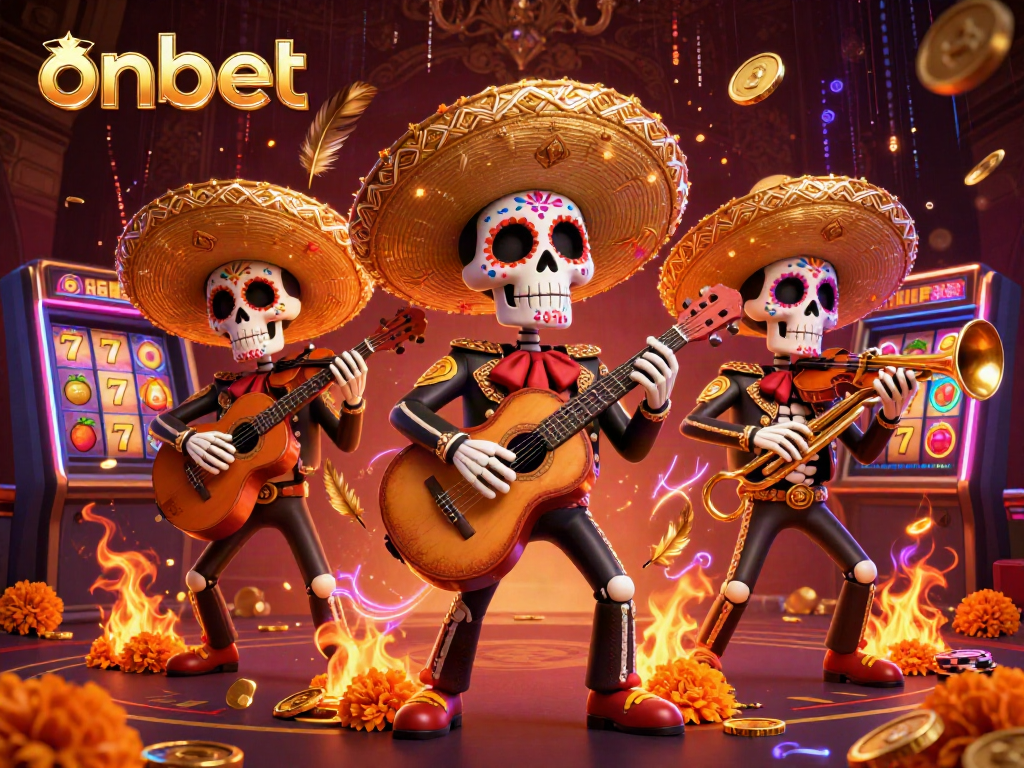 Experience the vibrant world of onbet with dynamic mariachi skeletons celebrating gaming.